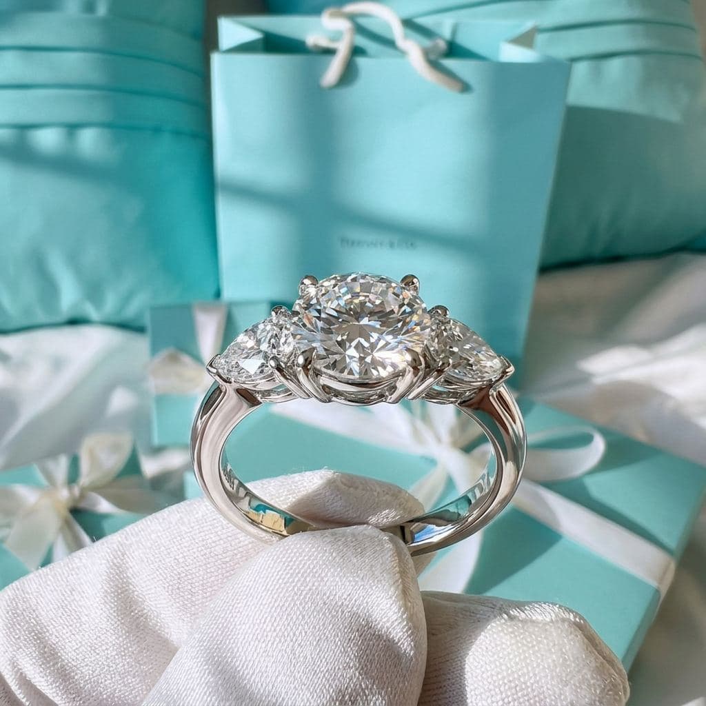 Кольцо Tiffany Three Stone с боковыми бриллиантами грушевидной формы, Белое золото