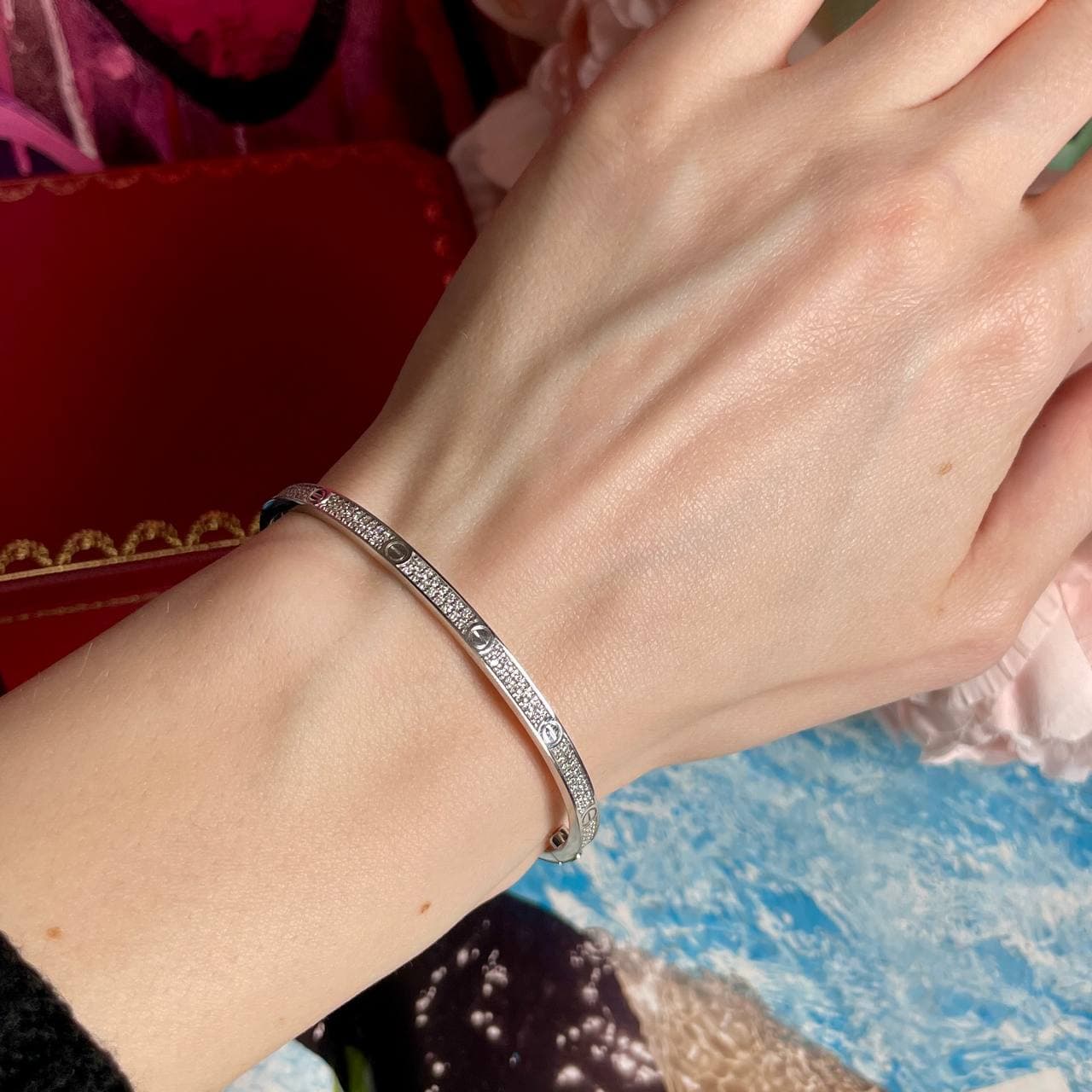 Браслет Cartier Love Pave узкая модель (белое золото 585) — фото 3