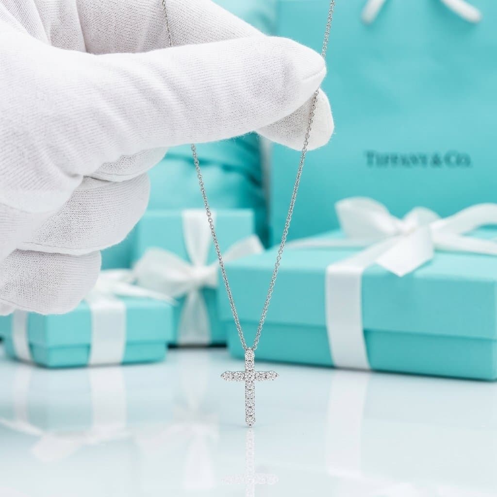 Крест-подвеска Tiffany из платины с бриллиантами, Белое золото