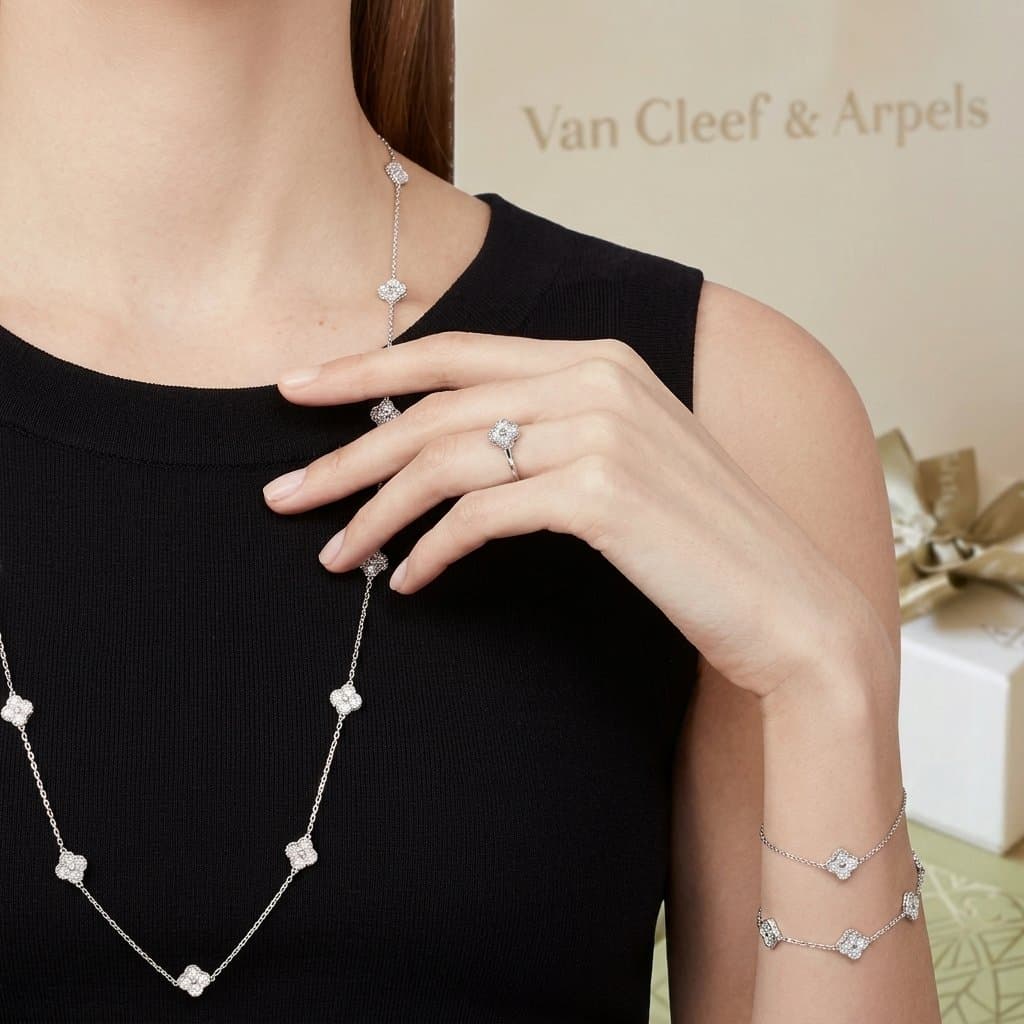 Браслет Van Cleef & Arpels Sweet Alhambra, 6 мотивов, Белое золото