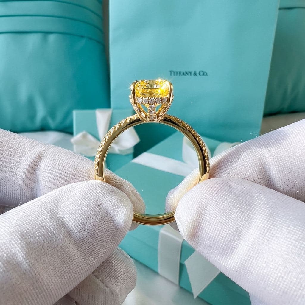Tiffany True кольцо с жёлтым бриллиантом кушон и бриллиантовой дорожкой