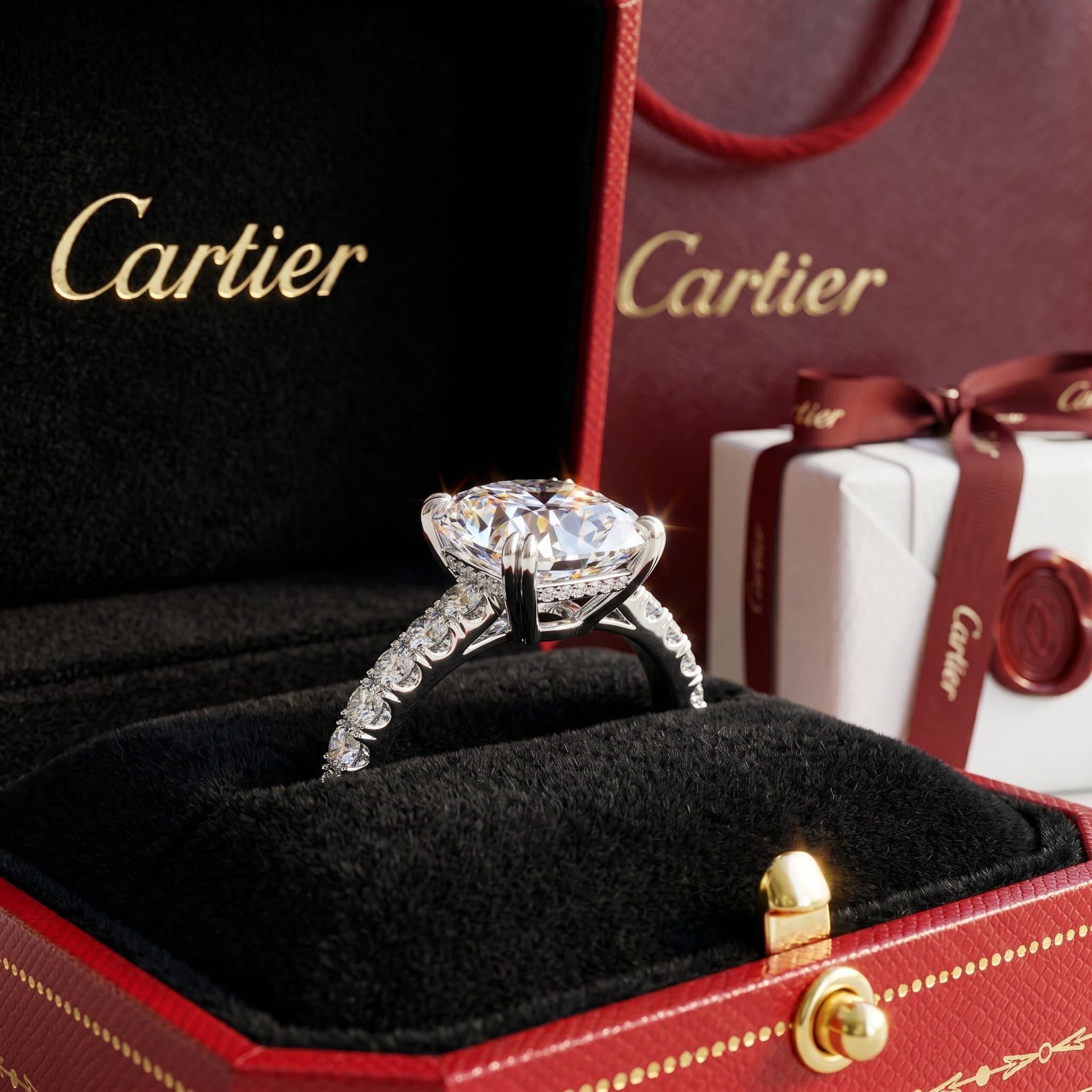 Золотое кольцо-солитер Cartier 1895 с бриллиантами, бриллиант огранки кушон, паве — фото 3