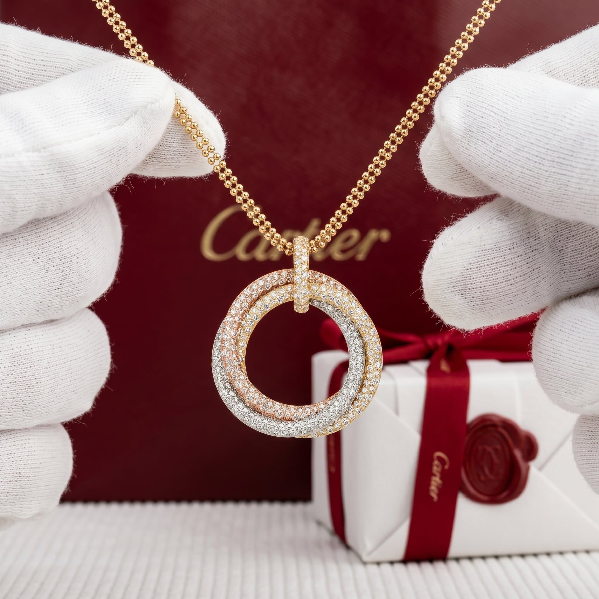 Золотая подвеска Cartier Trinity с бриллиантами, крупная модель, паве, Белое и жёлтое золото