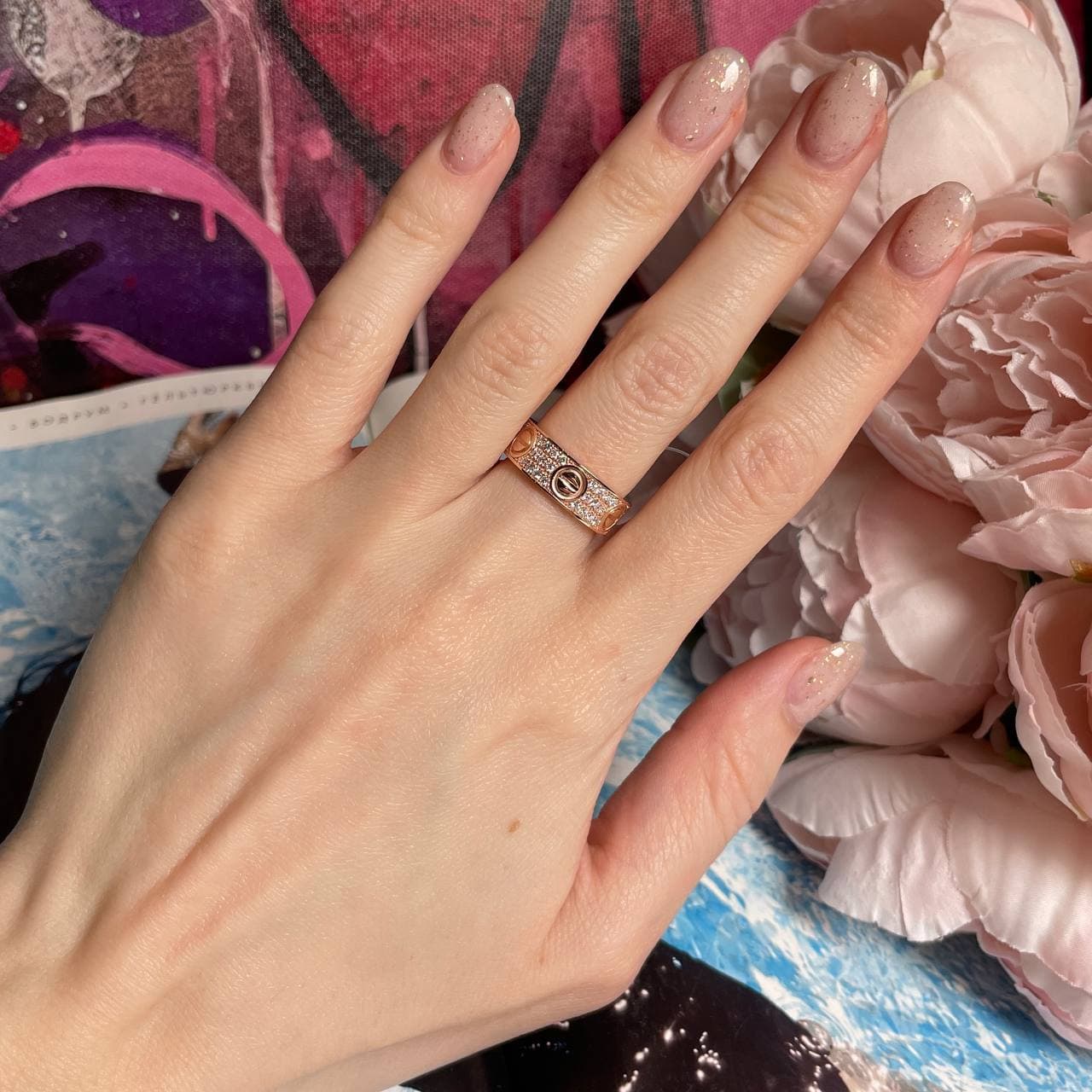 Cartier Кольцо Cartier Love широкая модель Pave (розовое золото 585)