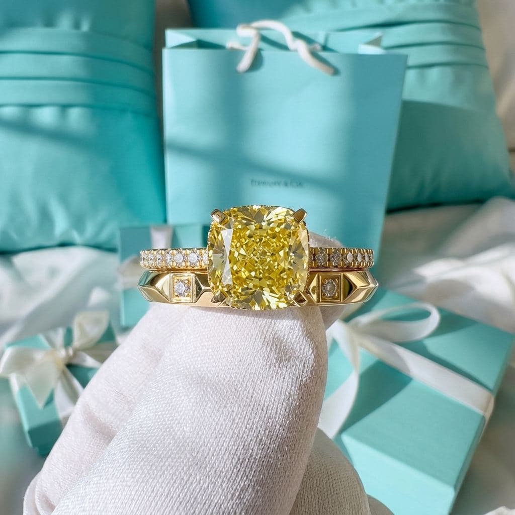 Tiffany True кольцо с жёлтым бриллиантом кушон и бриллиантовой дорожкой