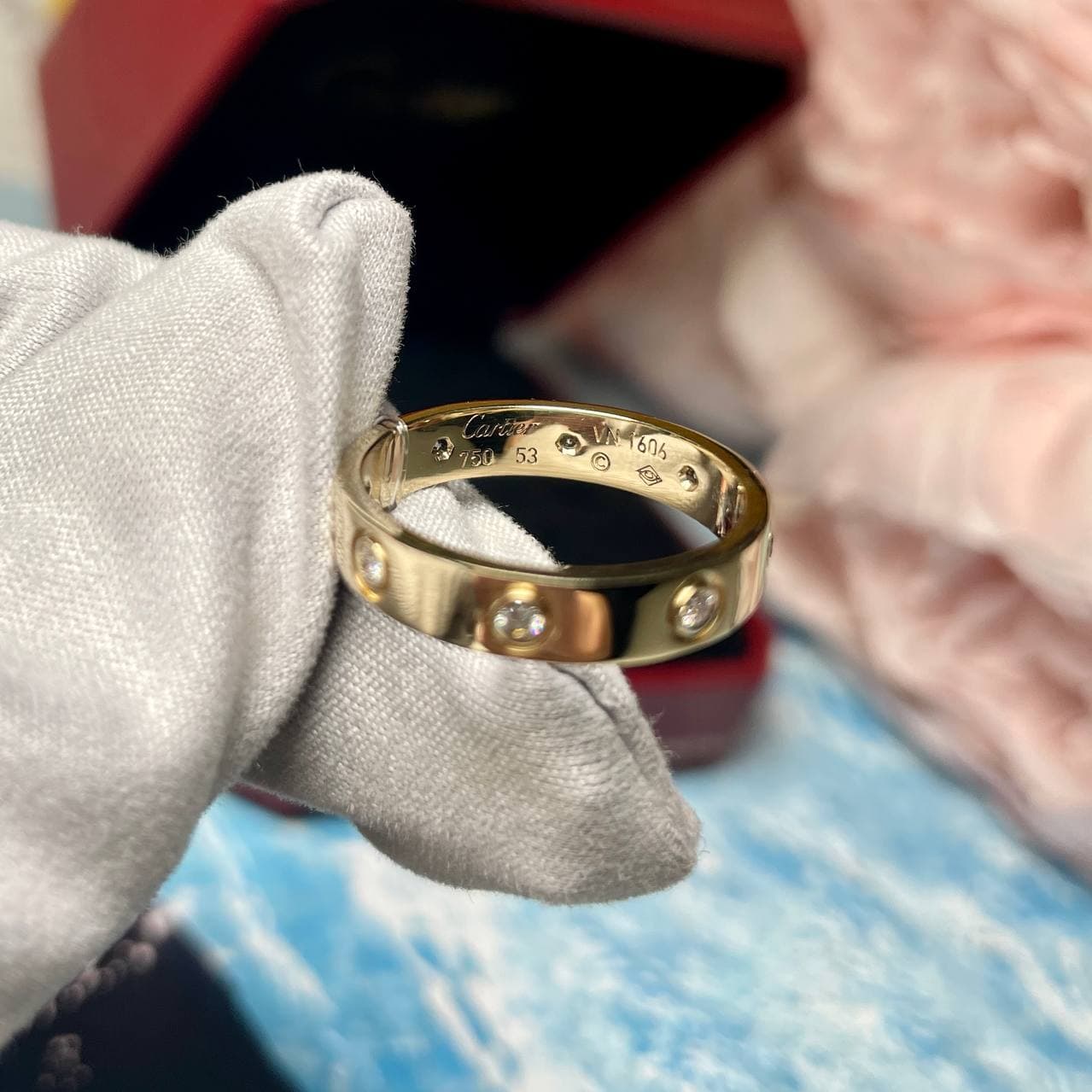 WB Кольцо Cartier Love узкая модель 8 бриллиантов (желтое золото 585) — фото 5