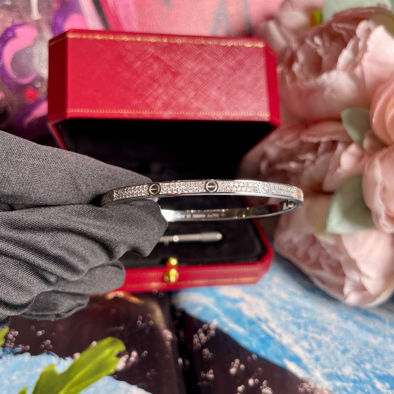 Браслет Cartier Love Pave узкая модель (белое золото 585)