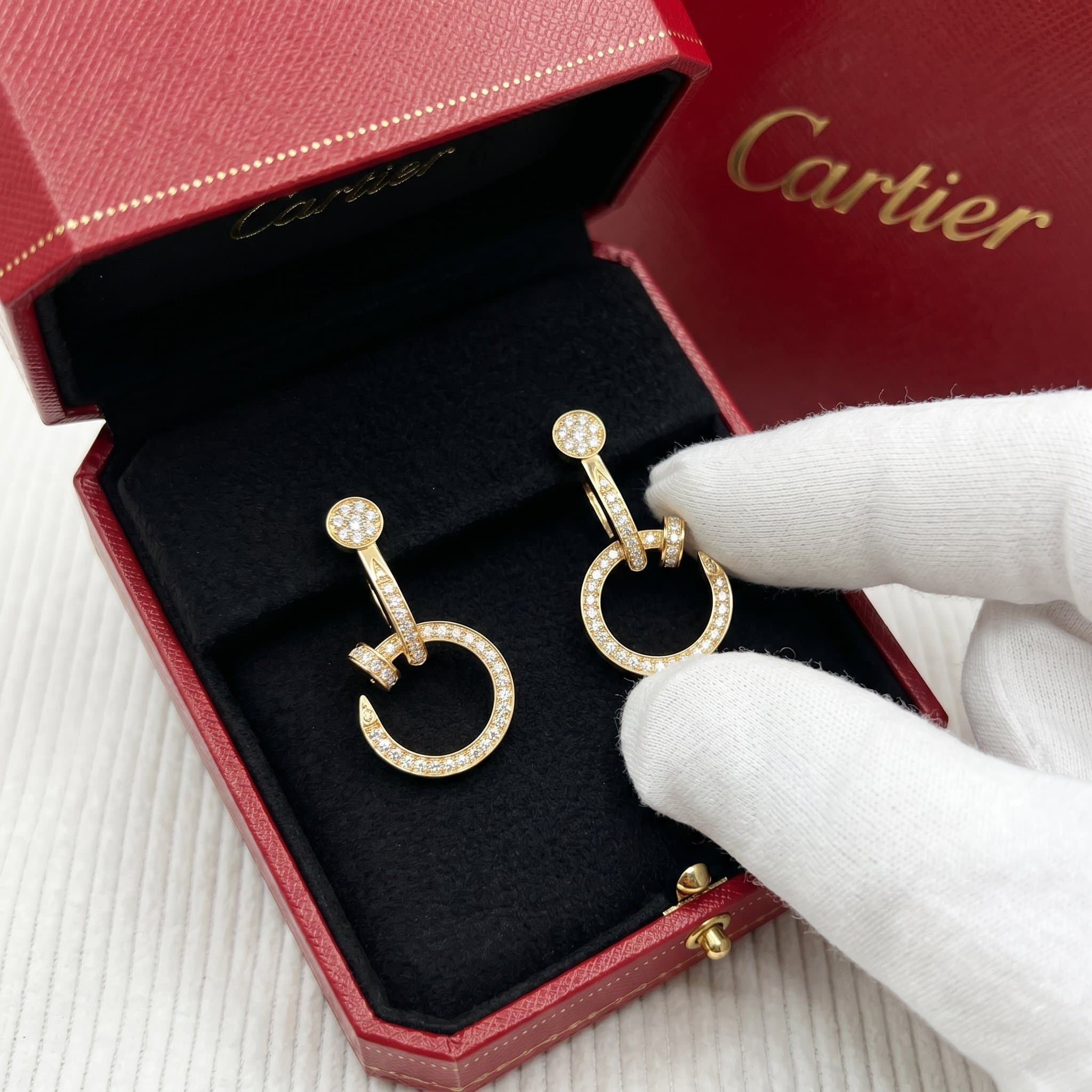 Золотые серьги Cartier Juste un Clou (гвоздь) с бриллиантами, двойная модель, паве