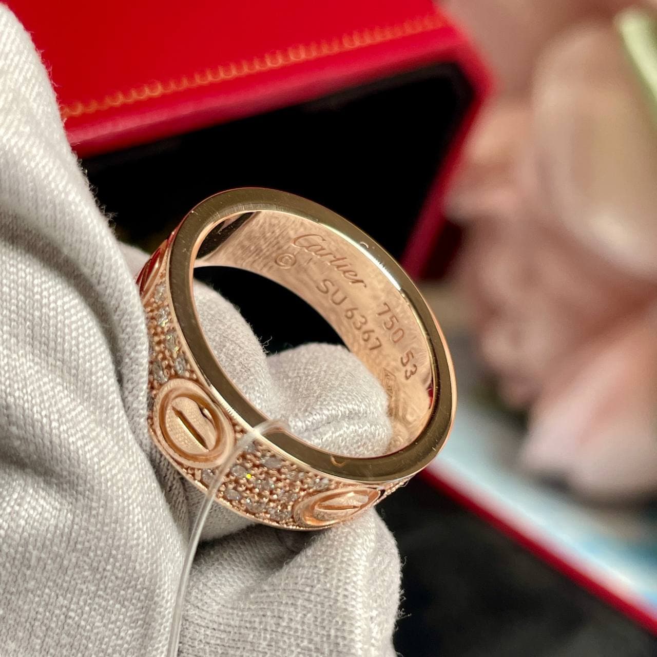 Кольцо Cartier Love широкая модель Pave (розовое золото 585) — фото 3