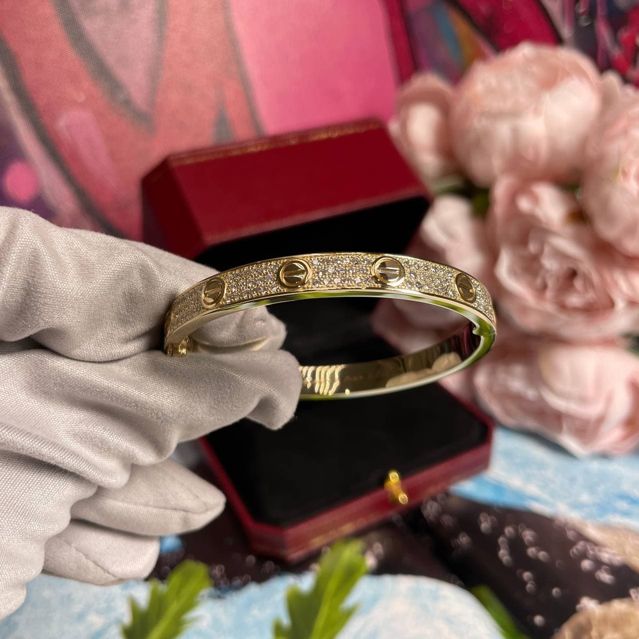 Браслет Cartier Love широкая модель Pave 2,37 ct (желтое золото 585) — фото 4