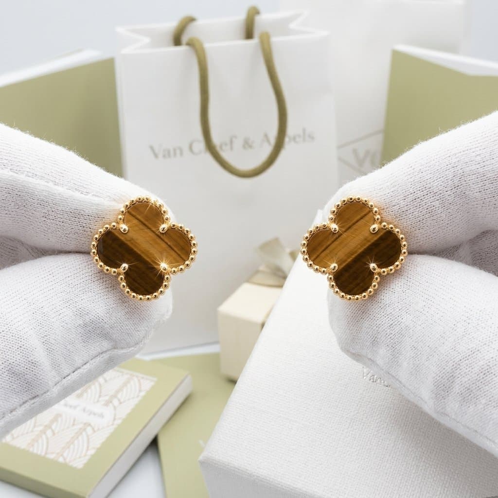 Серьги Van Cleef & Arpels Vintage Alhambra, тигровый глаз, Жёлтое золото